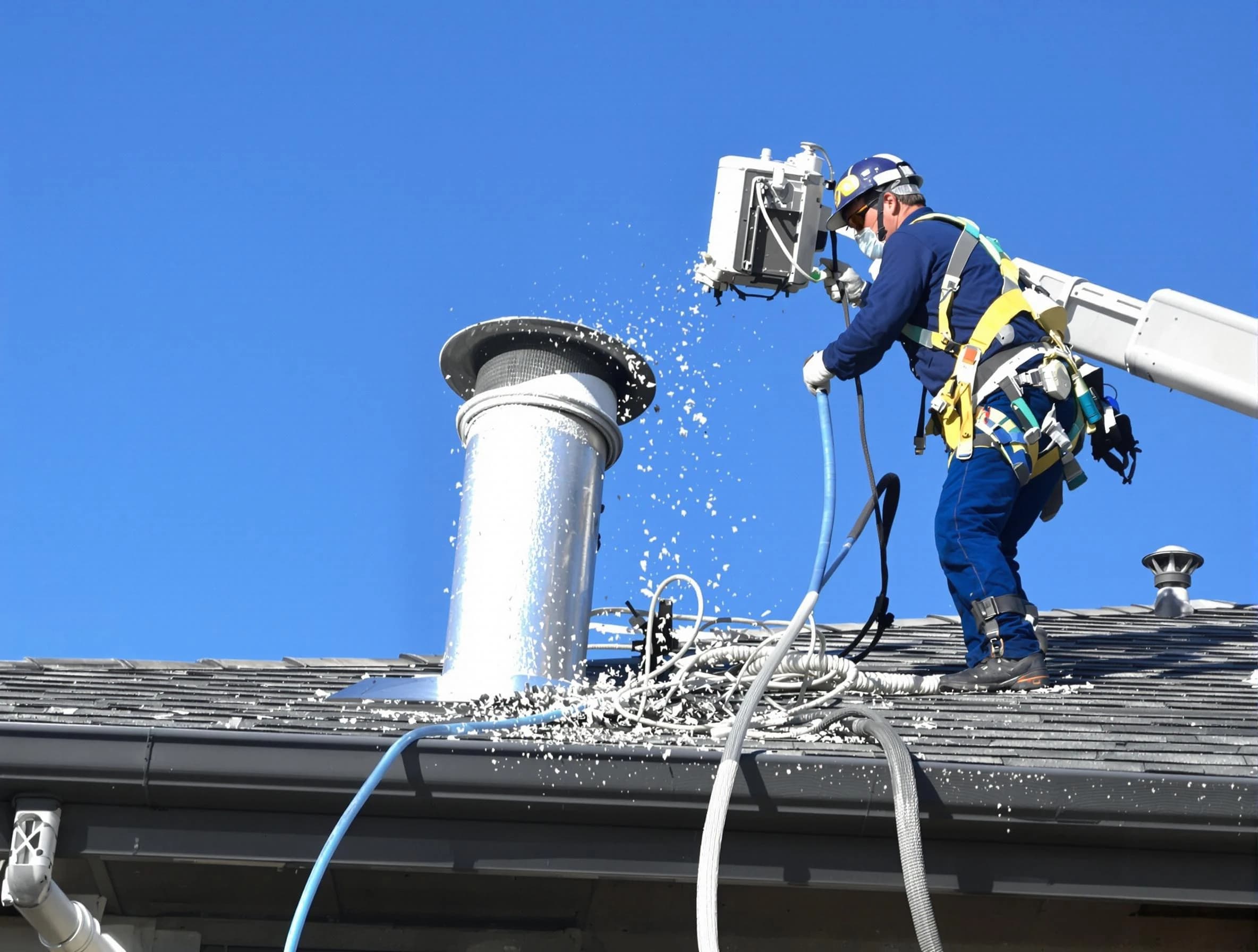 Clinton Dryer Vent Cleaning certified technician safely cleaning a roof-mounted dryer vent in Clinton