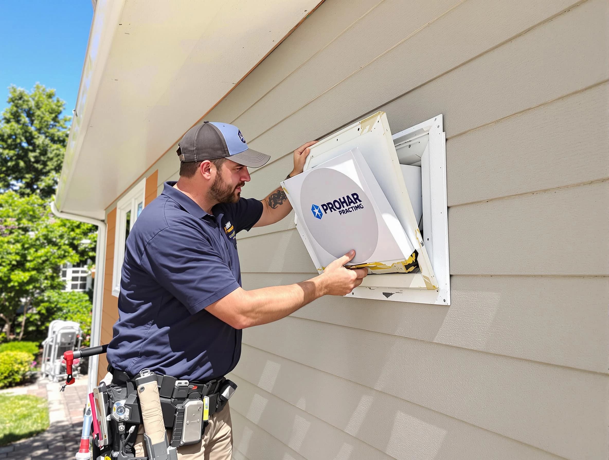 Clinton Dryer Vent Cleaning technician installing a new protective dryer vent cover on a home in Clinton