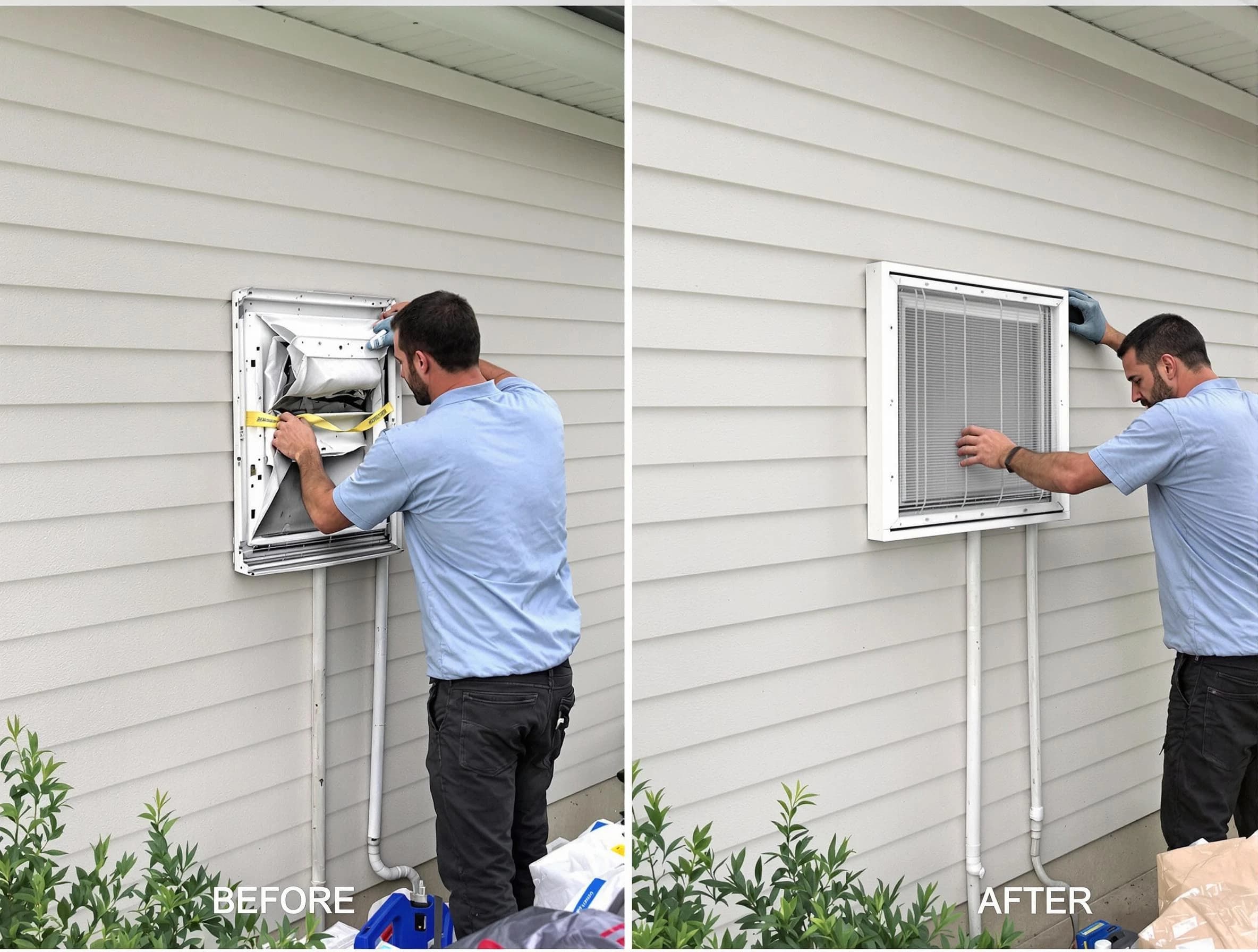 Clinton Dryer Vent Cleaning technician installing high-quality dryer vent cover at a residential property in Clinton