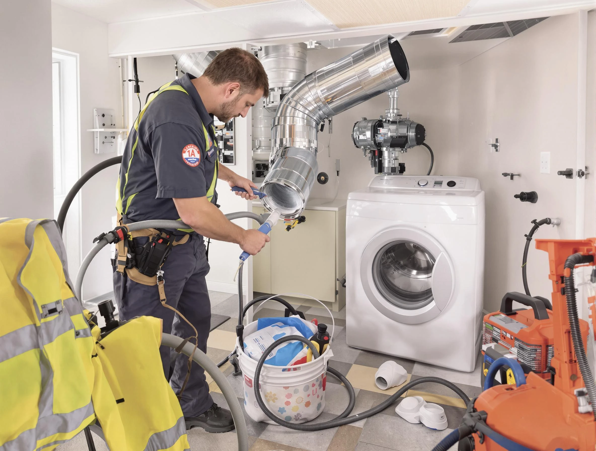 Clinton Dryer Vent Cleaning technician using specialized equipment to clear severe dryer vent blockage in Clinton
