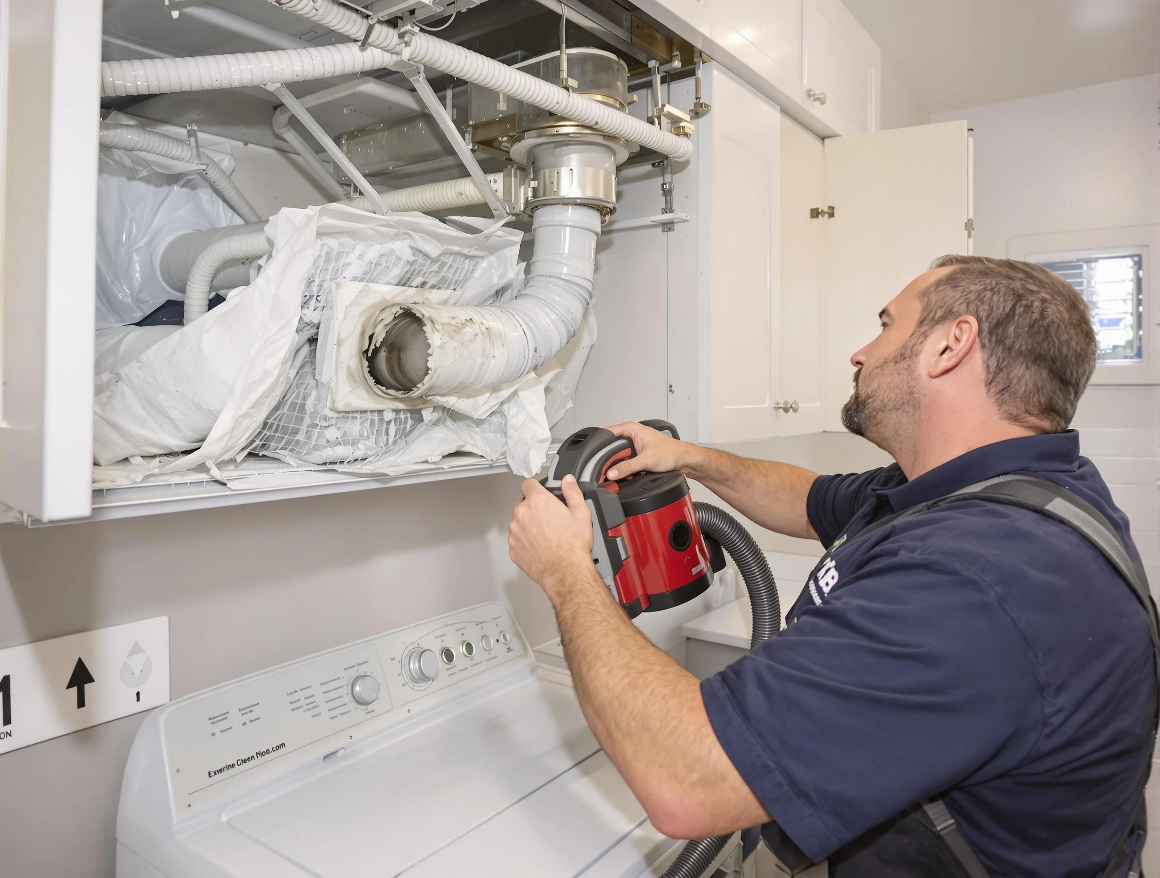 Clinton Dryer Vent Cleaning technician performing professional exhaust vent cleaning at a residential property in Clinton